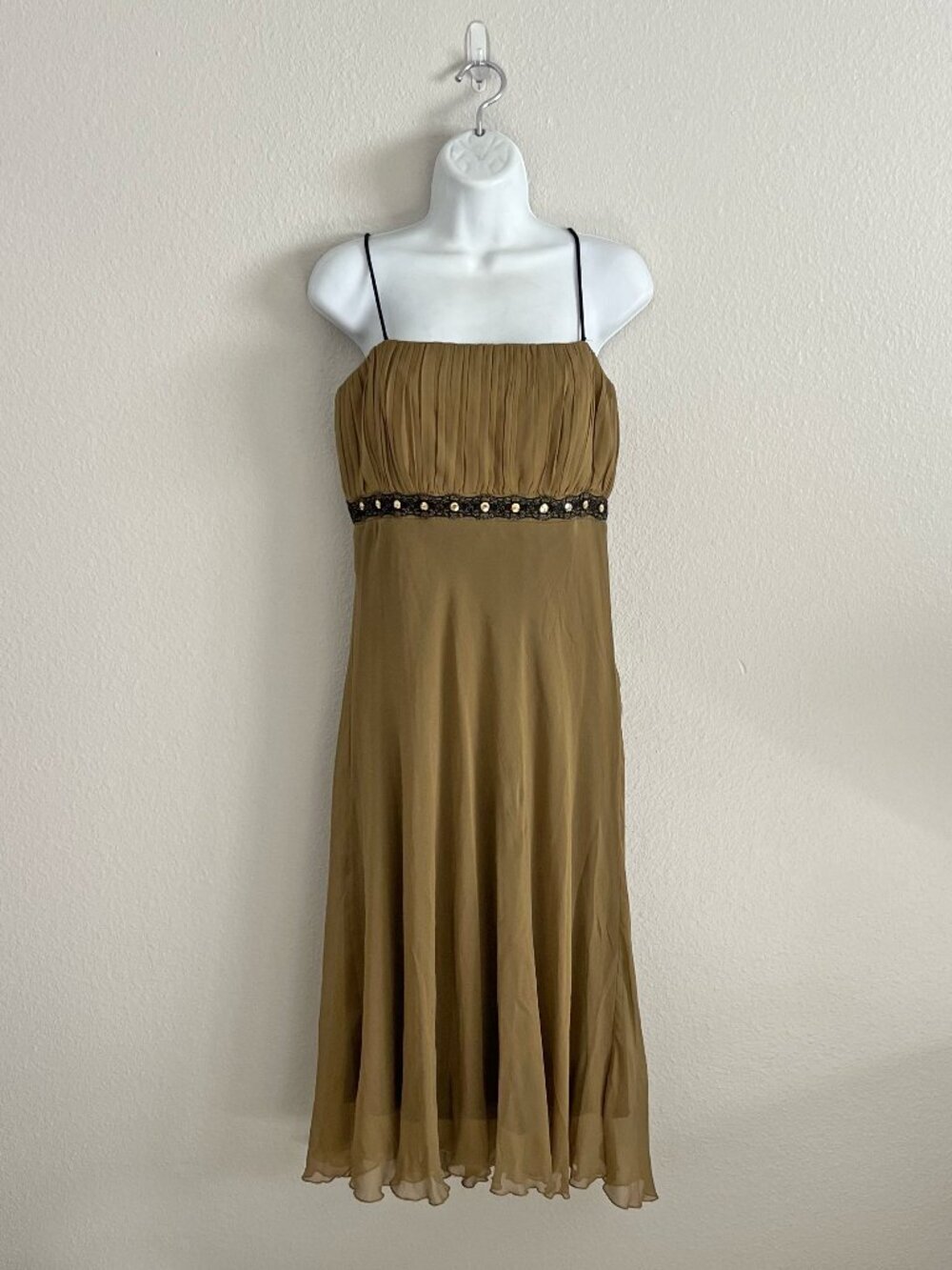 Y2K Vintage Silk Khaki Green Boho Midi Formal Dress Jonathan Martin Studio Sz M